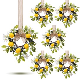 6pcs 6 Pcs 9" Lemon Wreaths Blueberry Eucalyptus Cabinet Flowered Swag Wreaths with Spring Lemons Berries Greenery Farmhouse White Flowers for Kitchen Decor Cabinets Doors Windows (Summer)