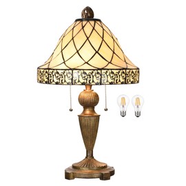 HomeBeauty TL0028 Tiffany Table Lamp Stained Glass Lampshade Beige-Like Color with Geometric Pattern, Warm Glow & Elegant Design, Antique Finished Lamp Base, W 14 X H 24 Inches, LED Bulb Included