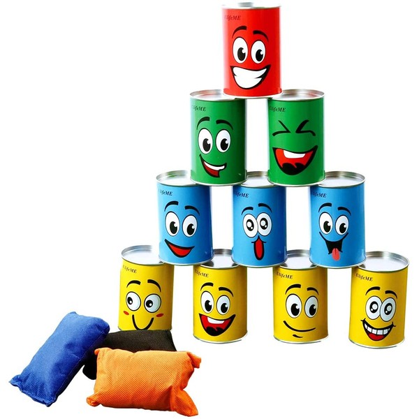 Ulifeme Tin Can Alley Game, Outdoor Garden Target Shooting Fairground Games for Kids & Children, Garden Party Toys Gift for Boys & Girls - 10pcs Fun Smile Knock Down Tin Cans and 3pcs Beanbags Packed