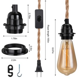 2 Pack Elibbren Plug in Pendant Light Cord Kit with Switch, Vintage Hanging Light Cord with 13.12FT Twisted Hemp Rope Plug in Pendant Kit, Industrial Pendant Lighting DIY Plug in Lamp Fixture