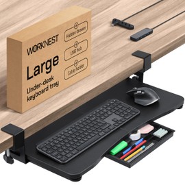 WORKNEST Keyboard Tray | Under Desk Keyboard Tray Slide Out w/ Adjustable C-Clamps for Desks Up to 1.5-Inch-Thick | Clamp On Drawer with 1x USB-C to 4 USB-A Hub and 1x Five-Cable Management Organizer