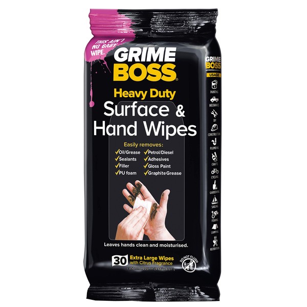 Grime Boss Heavy Duty Wipes Hands, Equipment, Garden, Auto, Camping, 30 Count