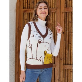 Yimoon Womens Cat Sweater Vest V Neck Y2k Graphic Knit Vest Cute Sleeveless Knitted Pullover Tops(Brown-M)