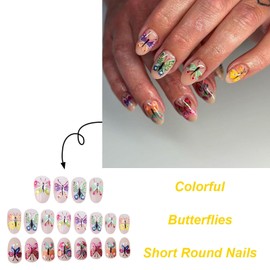LBPEPAMZ 24Pcs Colorful Butterfly Press on Nails Short Almond Fake Nails Spring Gorgeous Butterflies Acrylic Nails False Nails Pink Nude Full Cover Glossy Stick on Nails for Women Manicure Decoration