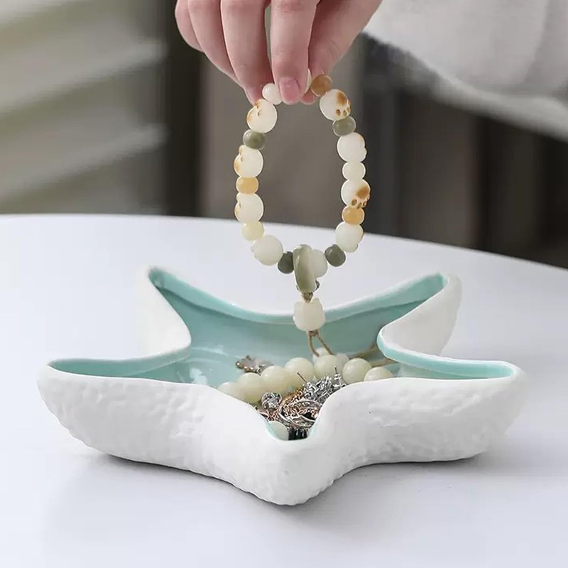 2 Pack Ceramic Jewelry Tray Starfish Conch Shape Aqua Shell