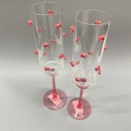 Pink Bow New PINK BOW w/Gem Heart CHAMPAGNE FLUTES Glasses Valentines SET OF 2
