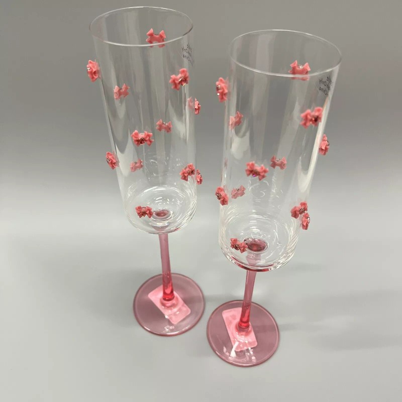 Pink Bow New PINK BOW w/Gem Heart CHAMPAGNE FLUTES Glasses