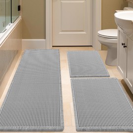 IM HOME Waffle Bath Mat Set 3 Piece Light Grey,Woven Modern Bath Rug Mats, Absorbent Non Slip Bath Floor Mat, Soft Washable Boho Bath Rugs with Tassels for Bathroom, Bedroom, Kitchen,Tub