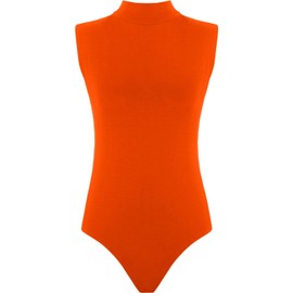 Hamishkane Ladies Polo High Neck Bodysuit Womens Plain Sleeveless Leotard Stretchy Party T-Shirt Top Neon Orange