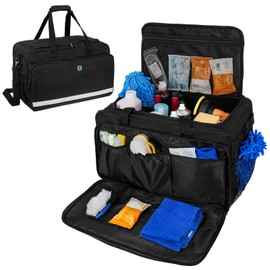 Jaffzora Extra Large Car Detailing Bag, Cleaning Caddy with Lid and Handle for Auto Detailing Supplies, Car Cleaning Storage Trunk Organizer for Polisher and Vehicle Wash Tools, Black