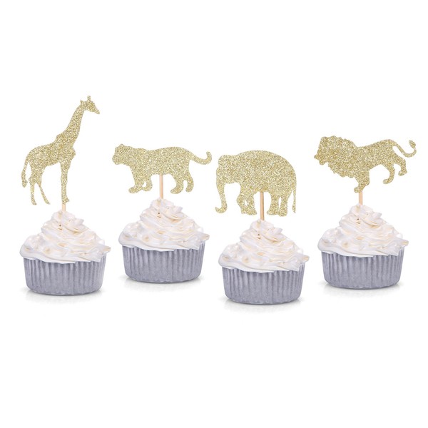 24 Counts Gold Glitter Jungle Safari Animal Cupcake toppers Elephant Giraffe Lion Tiger for Baby Shower Birthday Party Decorations