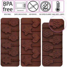 Christmas Silicone Molds Candy Molds Silicone Lollipop Molds Set Snowflakes Christmas Tree Candy Gingerbreadmen Hearts Stars Candy Cane Molds Baking Molds with Lollipop Sticks,TreatBags and Twist Ties