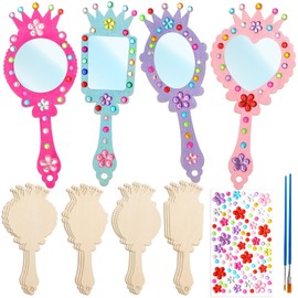 XJWWHZ 12Pcs DIY Wooden Princess Mirror Craft for Kids, Small Bulk Girls Hand Mirrors for Birthday Party and Art Activities
