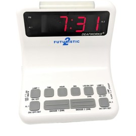 DEAFWORKS Futuristic 2 Silent Alarm Clock with Bright Flashing LED Lights for Deaf, Hard of Hearing, Heavy Sleepers | Dual Alarms, Built-in USB Chargers | Wake Up Gently (White)