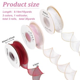 FINGERINSPIRE 27.4 m Transparent Organza Ribbon with Wire 40 mm Wide 3 Colours Chiffon Ribbon with Golden Edge for Valentine's Day Bow Tie Making Gift Packaging DIY Crafts Bouquet Decoration