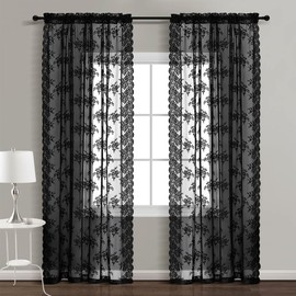 Kotile Black Lace Curtains for Bedroom - Vintage Black Curtains 72 Inch Length Floral Embroidery Gothic Sheer Curtains for Windows, Scalloped Trim Lace Curtain Panel, 52 x 72 Inch, 2 Panels