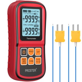 Proster Digital Thermometer Dual Channel Thermocouple Thermometer with Two K- type Thermocouples Temperature Meter Gauge with LED Backlight for K/J/T/E/R/S/N Thermocouple