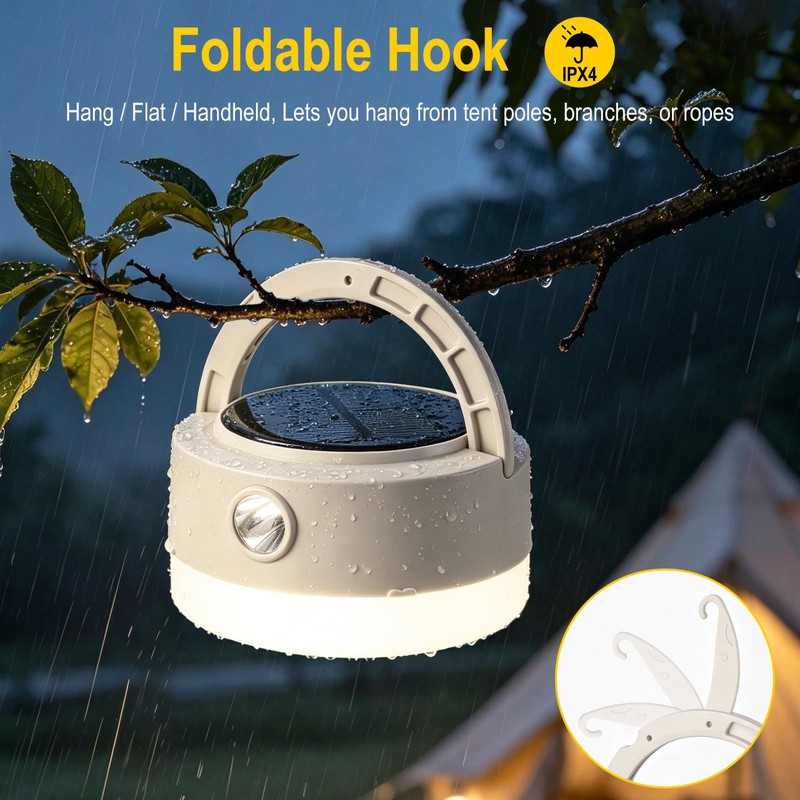 BORUiT LED Camping Light, Solar Powered or USB C Rechargeable,