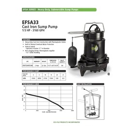 ECO-FLO Products EFSA33 1/3 hp 3160 GPH Cast Iron Sump Pump with Vertical Switch, Black