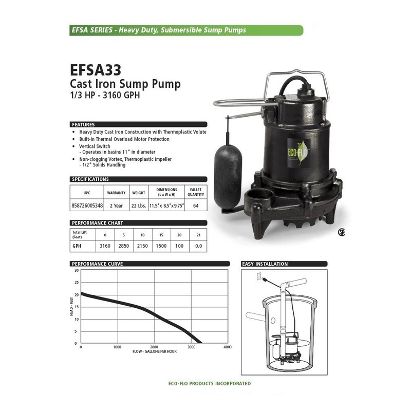 ECO-FLO Products EFSA33 1/3 hp 3160 GPH Cast Iron Sump