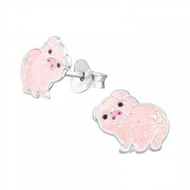 Pink Pig Piglet Earrings with Sparkly Glitter - 925 Sterling Silver