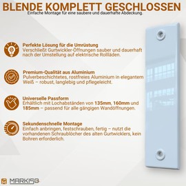 Markiso® Shutter Belt Cover Closed [Aluminium], Belt Winder Cover - Belt Winder Cover, Powder Coated White, Hole Spacing 135 mm, 160 mm, 185 mm, Easy Installation No Drilling Required