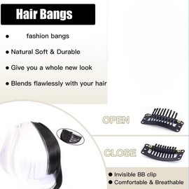 Spiferpo Clip-in Hair Bangs Extensions,with Invisible Clips Airy French and Air Bangs Thin Hair with Temple Coverage for Women Curved Bangs Easy to Style for Daily Wear (black and white, French bangs)