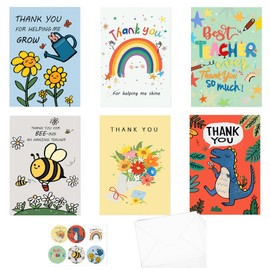 AhfuLife Teacher Thank You Cards Multipack, Thank You Teacher Greeting Cards for Teacher Teaching Assistant Nursery, 6 Styles Teacher Cards with 6 Envelopes and 6 Stickers for Teacher Leaving Gift