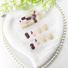 Square Press on Nails Short Fake Nails with Flower Design False Nails Press ons Milky White Full Cover Glue on Nails Glossy Stick on Nails for Women 24Pcs