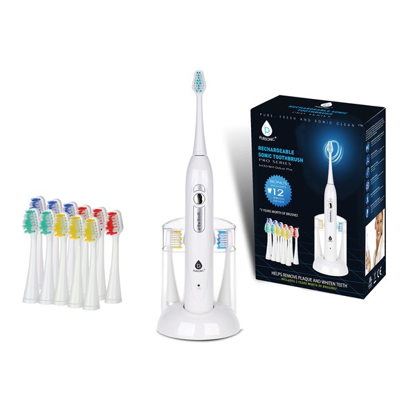 Pursonic S430 SmartSeries Electronic Power Rechargeable Sonic Toothbrush With 40,000 Strokes Per Minute, 12 Brush Heads Included, White