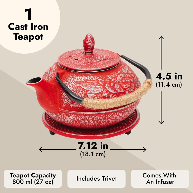 Juvale Japanese Cast Iron Teapot with Infuser - Red, 27