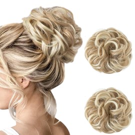 PJUMVBC 2 Piezas Chongos Postizos de Cabello Natural, Extensión de Moño Pelo Rizado Desordenado, Moños de Pelo Rizado con Ondas Elásticas, Ondulado Moño Desordenado Con Banda Elástica, para Mujeres y Niñas (16H613 Rubio sucio)