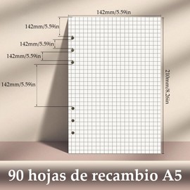 Papel para Recargas A5 -Paquete de 2, 180 Páginas / 90 Hojas Papel Forrado con Insertos A5, Relleno de Papel Perforado con Hojas Sueltas de 6 Orificios (Cuadrado)