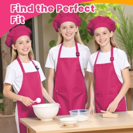 Matissa & Dad Kids Cooking Apron and Chef Hat Set Adjustable Childrens Apron for Baking, Painting, Craft Chef Apron Artist Smock child (Hot Pink, X Large For kids 48" to 55" Height)