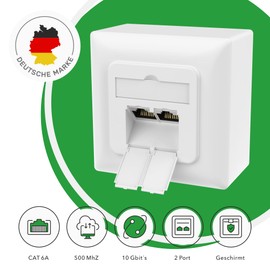 RedStar24 Cat6A Universal Network Socket with 2x RJ45 Ports - 10 Gbit/s Shielded LAN Socket for Surface-Mounted and Flush-Mounted, Compatible with CAT7/CAT6/CAT5, POE Enabled, Signal White, Complies