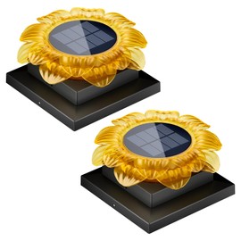 Viewsun 2 Pack Solar Post Cap Lights Outdoor，Fence Solar Powered Cap with Waterproof Sunflower Design and Warm White Lighting for Deck Patio Garden Decor, Fits 4x4 5x5 6x6 Vinyl/Wooden Posts