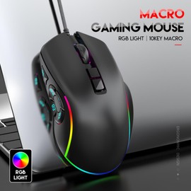 Diyeeni Ratón para Juegos con Cable con 6 dpi Ajustables, Ratón para Juegos con Luz RGB, 10 Botones, 14 Efectos de Luz, Cómodo Ratón con Cable para Juegos, Oficina (Black)