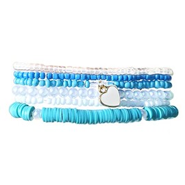 COLORFUL BLING 6Pcs/Pack Gold Beaded Bracelet Rainbow Vinyl Disc Ball Srting Stretch Heart Shaped Bracelets Cuff Bangle Set for Women Jewelry-6pcs blue