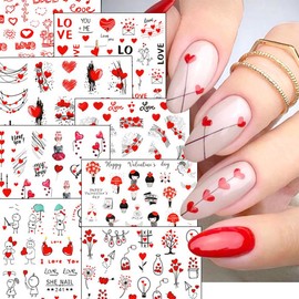 8Sheets Valentine's Day Nail Art Stickers 3D Self-Adhesive Love Heart Nail Decals Valentines Nail Art Supplies Cartoon Romantic Letter Black Line Girl Love Heart Nail Decoration for Women and Girls