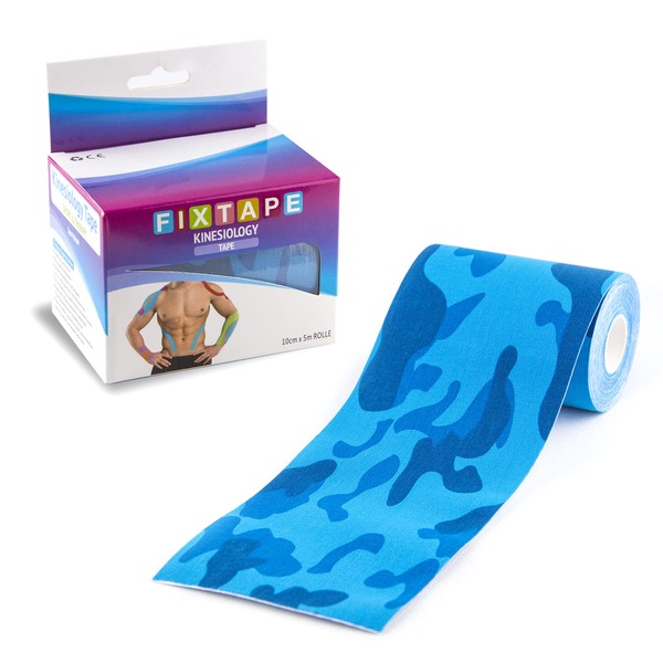 FixTape Kinesio Tape, 10 cm x 5 m, Latex-Free, Waterproof, Breathable, Skin-Friendly and Particularly Elastic for Optimal Freedom of Movement, Kinesiology Tape, Kinesio Tape, 5 m (10 cm, Camo Blue)