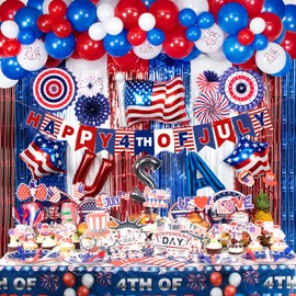 HJINGY 210 PCS 4th of July Party Decorations, Patriotic Party Supplies for Independence Day Include Red White Blue Balloons Curtains Banner Paper Fans Headbands Glasses Tablecloth Plates Tableware