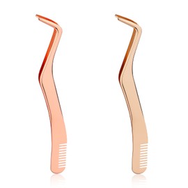 2 Piece Eyelash Tweezers Set, Stainless Steel Improved 2 in 1 Eyelash Extension Tweezers with Comb Eyelash Applicator for False Eyelashes (Rose Gold, Gold)
