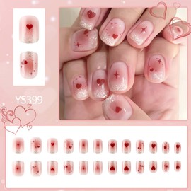 Short Press on Nails Short Square Fake Nails with Red Heart Design Glitter False Nails Pink Gradient Acrylic Nails Cute Glue on Nails Full Cover Stick on Nails for Women Holiday Nails 24Pcs