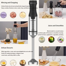 Aulonda 1000W 5-in-1 Immersion Hand Blender - 20 Speeds, Stainless Steel Stick Blender with Mixing Beaker, Chopper Bowl, Milk Frother, Egg Whisk for Smoothie, Baby Food, Sauces Red,Puree, Soup