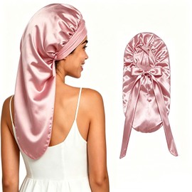 Pink Large Satin Sleep Bonnet, Adjustable Wrap for Braids, Locs & Curls.