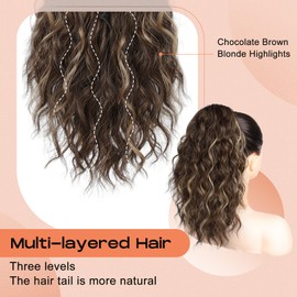 SEIKEA 14" Ponytail Extension Claw, PT002 Tia Long Multi Layered Fluffy Thick Wavy Curly Clip in Hair Extensions Ponytail Natural Soft Synthetic Hairpiece Dark Chestnut Brown with Golden Highlights