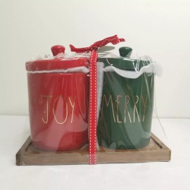 Rae Dunn Joy and Merry Container Set 2-Piece Christmas Red & Green with Tray