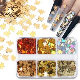 Fall Nail Art Glitters - Maple Leaf Nail Art Supplies Sequins 3D Gold Laser Nails Glitter Flake Holographic Fall Leaves Glitter Nail Sticker for Manicure Autumn Winter Gel Nail Art Decorations 6 Grids