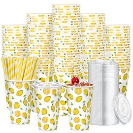 Tessco for you Tessco 150 Pieces/50 Sets Lemonade Cups with Lids and Paper Straws 16oz Disposable Iced Coffee Paper Cup Summer Citrus Cold Lemonade Stand Supplies for Fruit Party Beverages Drinks Juices