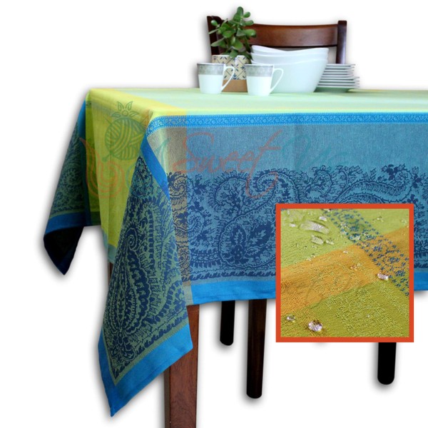 Wipeable Tablecloth Spill Resistant Teflon Coated Floral Paisley Cotton French Provencal Jacquard Tablecloth for Square Tables Luxuriant Green Azure Blue 62 x 62 in